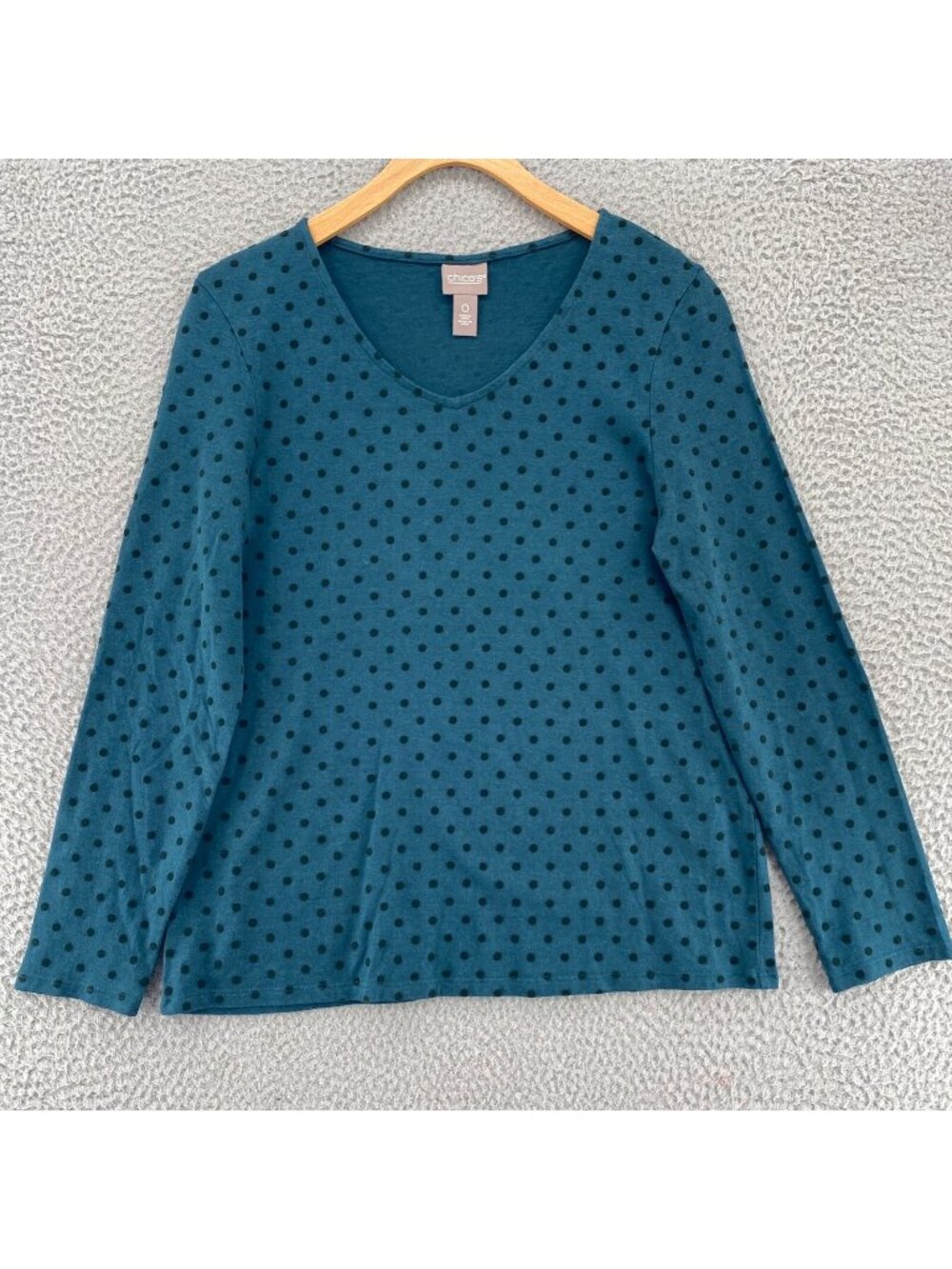 Chicos Top Womens 0 US Small Blue Green Flocked Polka Dots Long Sleeves V Neck